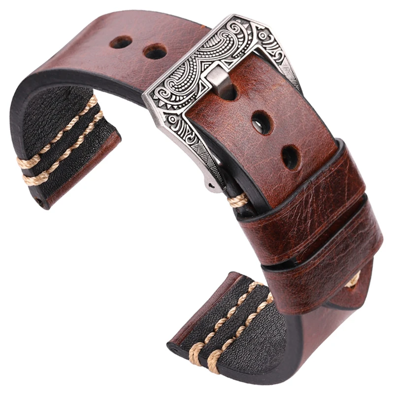 Handmade Watchband 20mm 22mm 24mm Genuien Leather Watch Band Strap 4 Colors Cowhide Watch Accessories Retro Steel Buckle