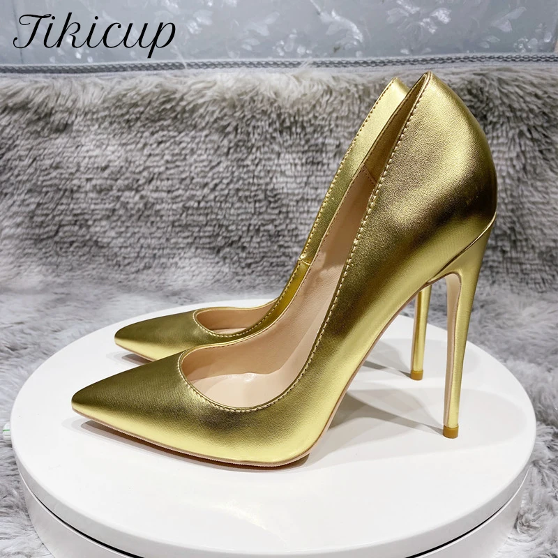 Tikicup Shiny Gold Matte Women PointyToe High Heel Wedding Party Shoes Sparkly Ladies Slip On Stiletto Pumps Large Size 33-45