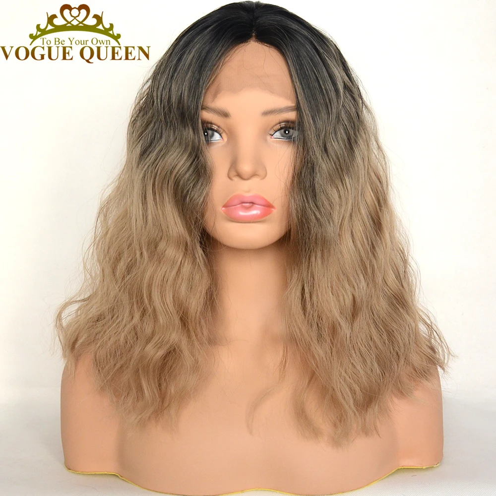 

Voguequeen Dark Ash Blonde With Black Root Synthetic Lace Front Wig Loose Curly Bob Wig Heat Resistant Fiber For Women