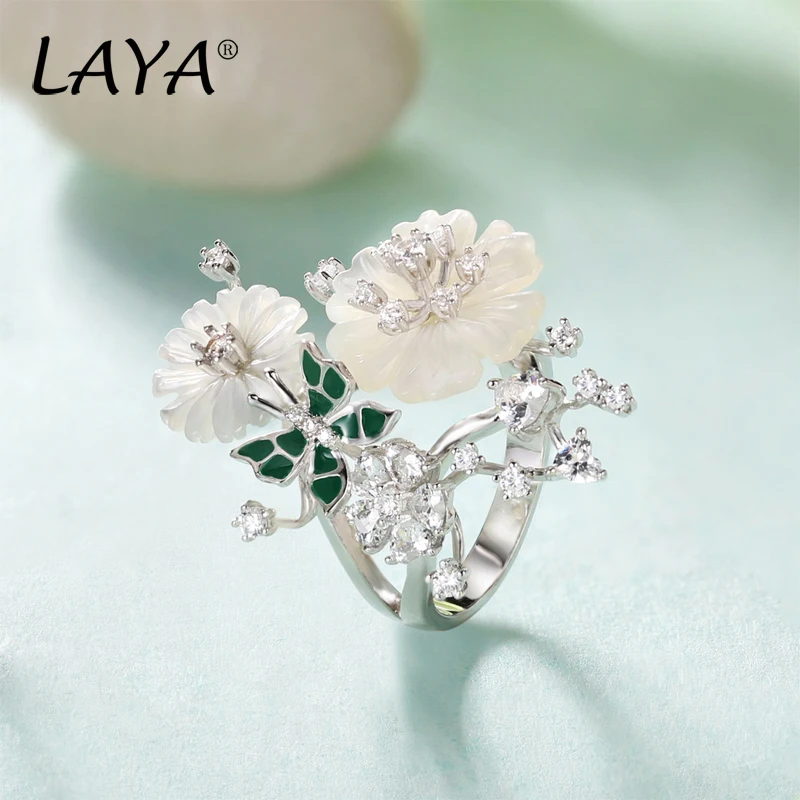 Laya Ring For Women High Quality Zircon Natural Shell Flower Green White Enamel 925 Sterling Silver anillos Fashion Jewelry