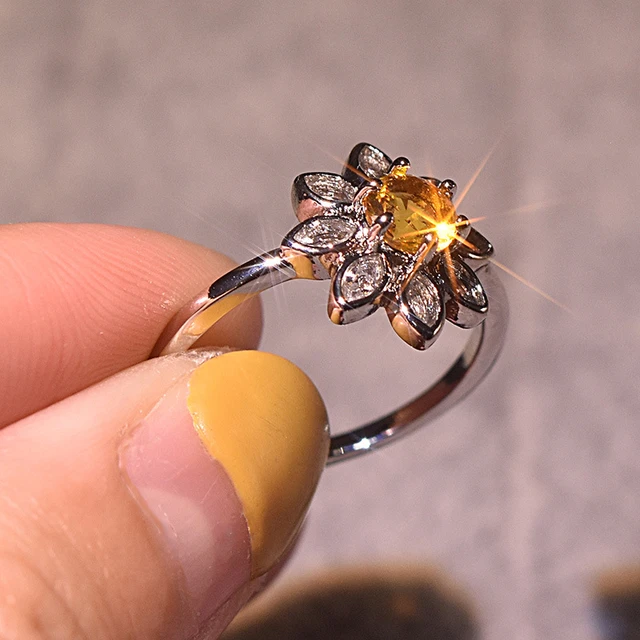 Ethnic Female Yellow Topaz Rings Charm Sterling Silver Big Wedding Rings for Women Dainty Sun Flower Engagement Fine Jewelry AliExpress