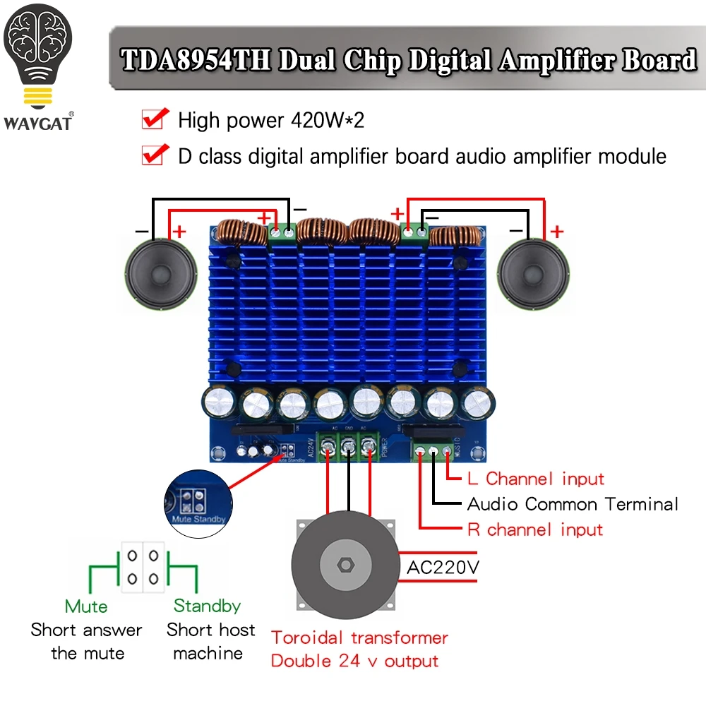 Ultra High Power Digital Amplifier Module AC 24V Stereo TDA8954TH Dual Chip 2x420W XH-M252 Digital Power Amplifier Board