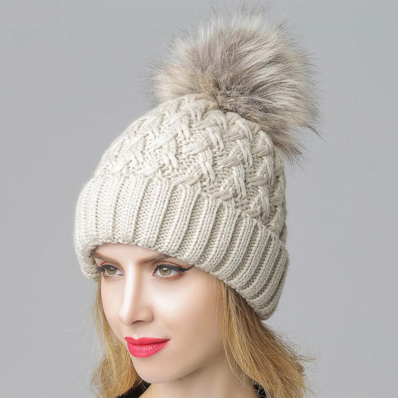 

winter Hat Female Winter Warm Knitted Hat Super Large Wool Ball Plush Wool Hat Solid Solor Twist Ear Protection Cap