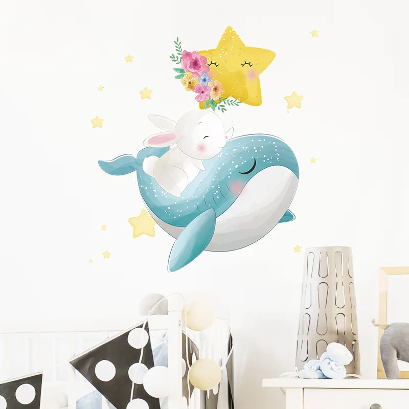 

Cartoon Whale Bunny Wall Sticker For Kids Room Home Decoration Decals Child Bedroom Decor Cute Animals Nursery Background Mural