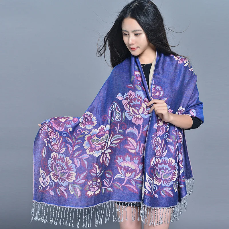 New Arrival Women Ethnic Jacquard Scarf  Flower Print Travel Bufanda Lady Air Conditioning Shawl Thickened Warm Tassel Pashmina