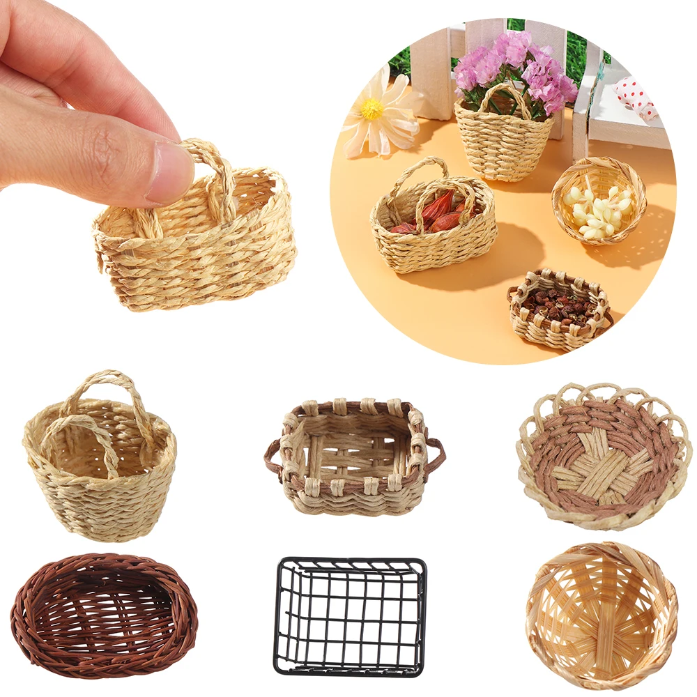 1/12 Scale Dollhouse Furniture Storage Basket Vegetable Food Hand-woven Iron Frame Dollhouse Miniature Decoration Kids Gift