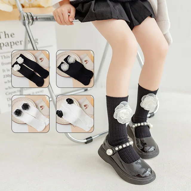 

2021 New Spring Autumn Children Girls Long Tube Socks Black White Flowers Cute Fashion Princess Student Kids Socks