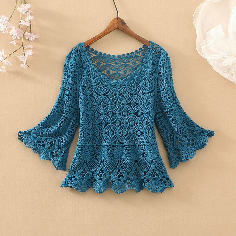 2023 spring and summer fashion new temperament casual outer wear short loose openwork sweater women Western style all-match