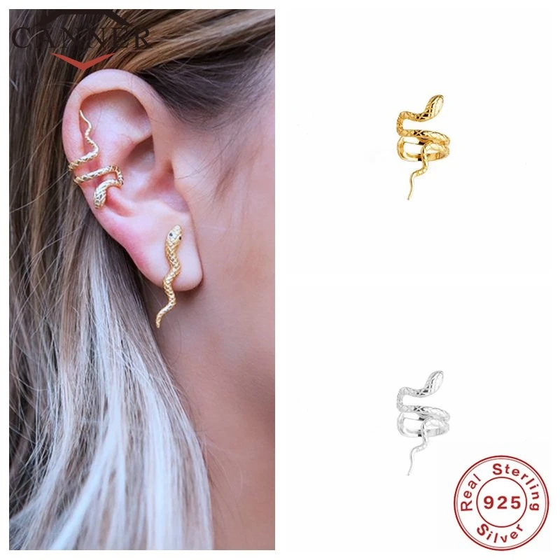 CANNER Gold Silver Color Real 925 Sterling Silver Ear Cuff Earrings for Women Snake Earcuff Clip on Earring No Pierced Jewelry