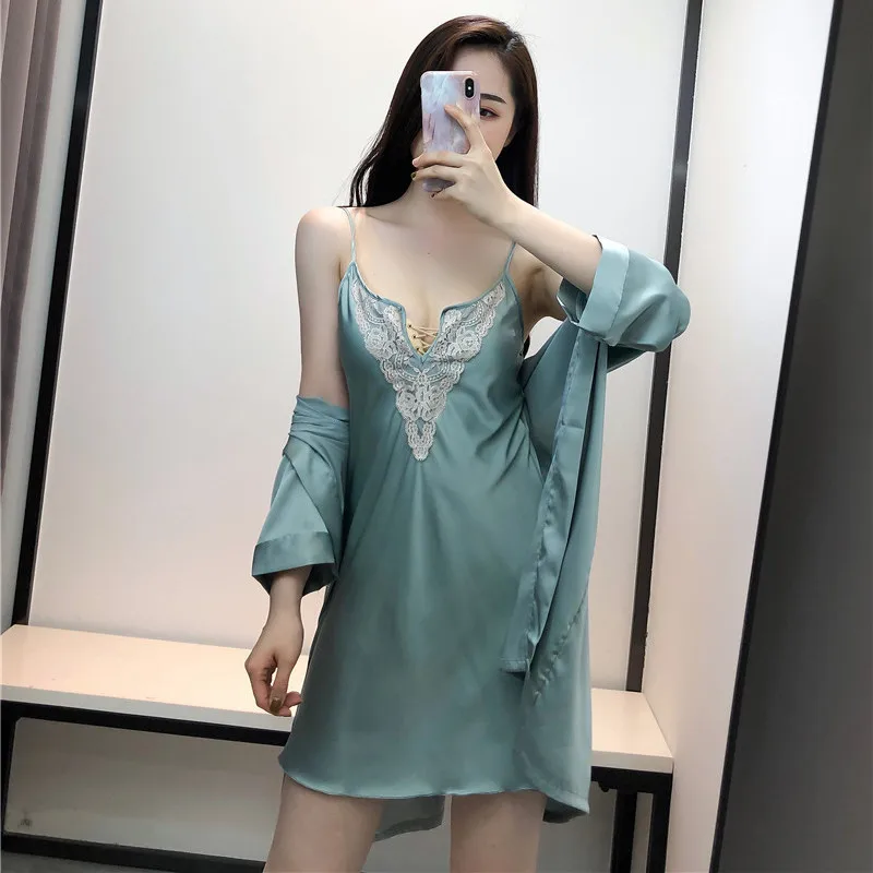 

Nightgown spring/summer silk with breast cushion nightdress ladies lace seduction nightgown ice silk bathrobe home wear 2PCS