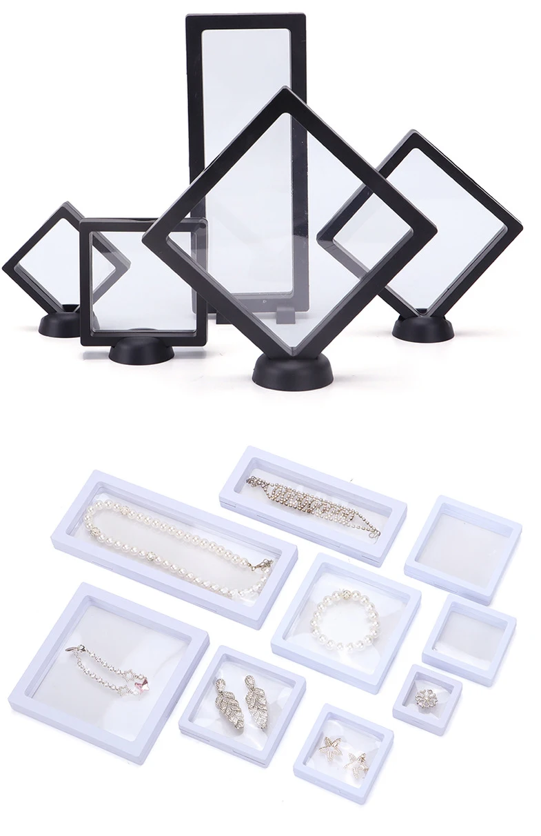 PE Film Jewelry Storage Box 3D Packaging Case Gemstone Free Stand Floating Frame Membrane Ring Earrings Necklace Display Holder