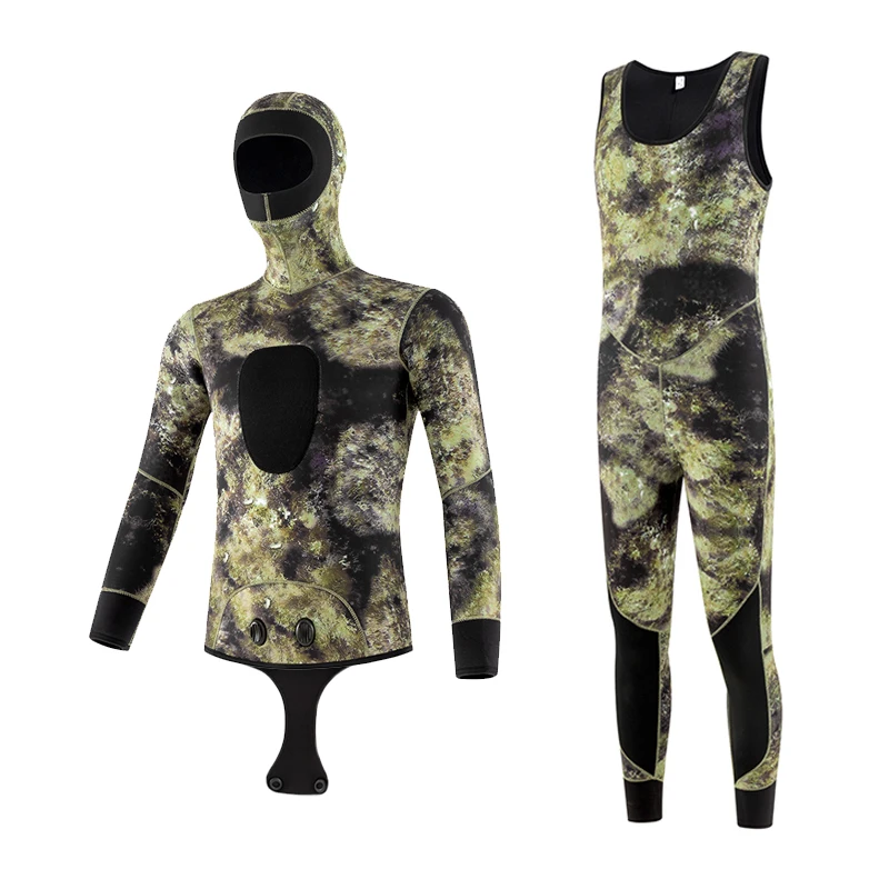 5mm Open Cell Green Camouflage Neoprene Hooded Spearfshing Wetsuits Winter Diving Wetsuit