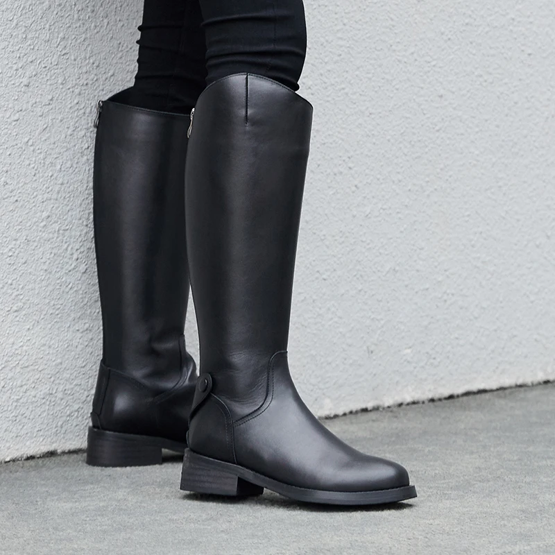 

2021 New Winter Women Black Knee High Boots Woman Genuine Leather Women Motorcycle Flats Long Boots Brand Shoes