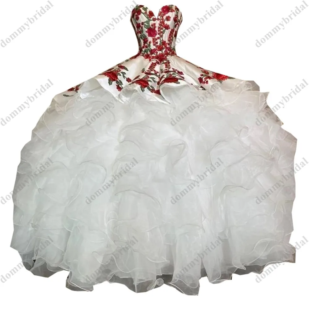 Lindo vermelho floral flores e babados brancos quinceanera baile de formatura vestidos formais 2023 querida cetim espartilho mexicano charro xv