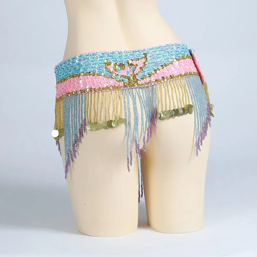 Professional Belly Dance Waist Belt Adjustable Fit Colored Beads Sequins Belt for Belly Dance