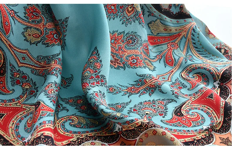 Peacock Blue Natural Satin Silk Scarf 110cm Big Square Bandana Printed 100% Pure Silk Scarves Women Luxury Shawl Gift for Lady