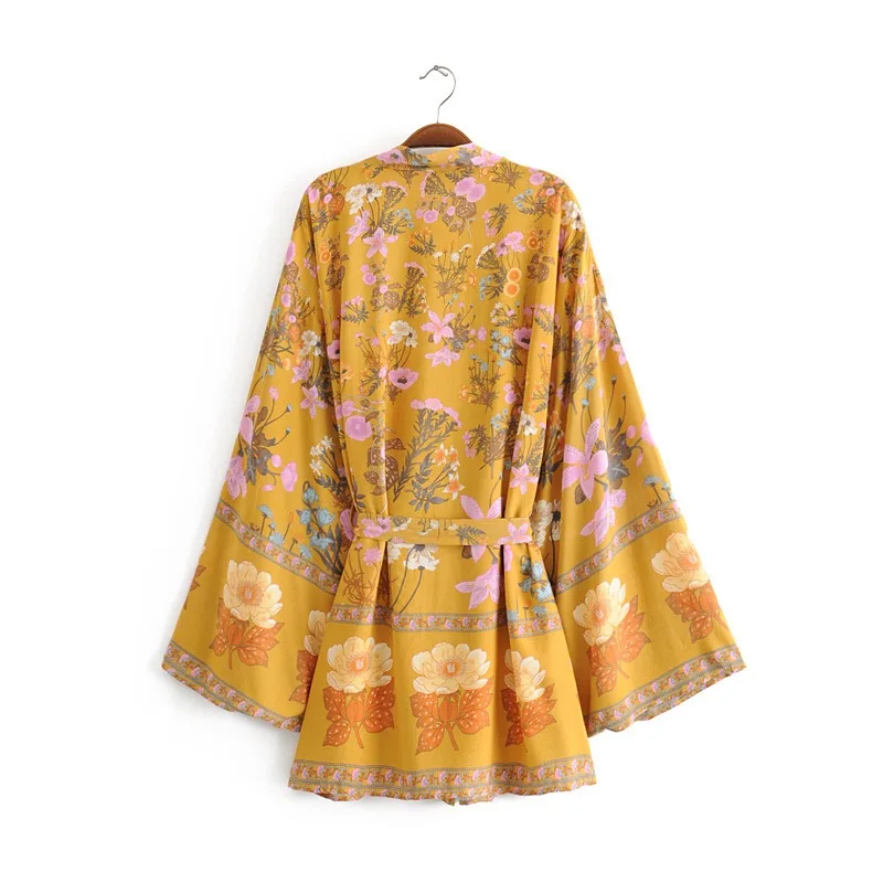 BO00-Kimono jaune bohème pour femmes, col en V, imprimé floral, chemise de plage de vacances, marée, ceintures à nœud, cardigan mi-long, chemisier