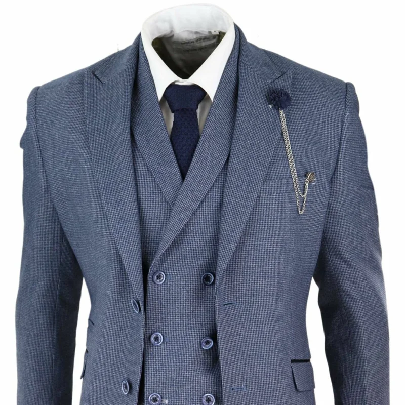 

Navy Blue Mens Suits 3 Piece Two Button Suit Double Breasted Waistcoat Dogtooth Tweed Vintage Terno Masculino