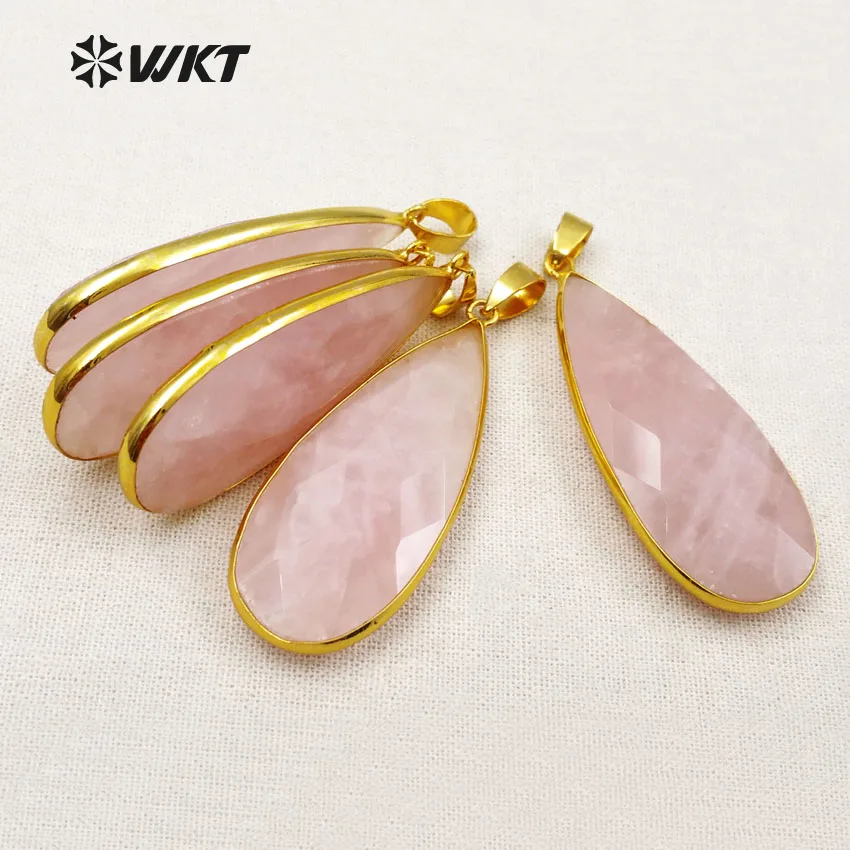 

WT-P1348 WKT Оптовая продажа: Модный кулон из натурального камня в форме капли, розовый кварц с золотым металлическим покрытием для ожерелья/украшений