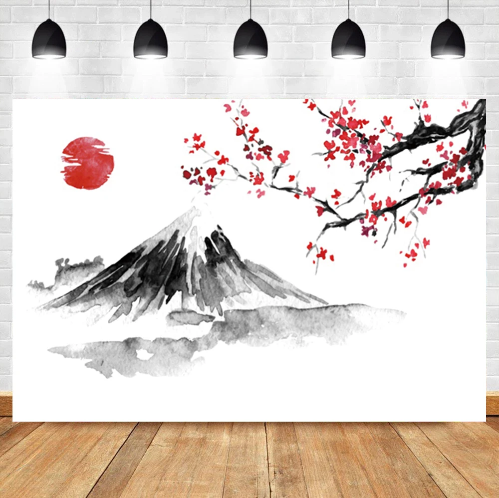 Laeacco Ink Painting Japan Mount Fuji Red Sun Cherry Blossom Room Decor Backdrop Photographic Photo Background For Photo Studio