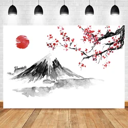 Laeacco Ink Painting Japan Mount Fuji Red Sun Cherry Blossom Room Decor Backdrop Photographic Photo Background For Photo Studio