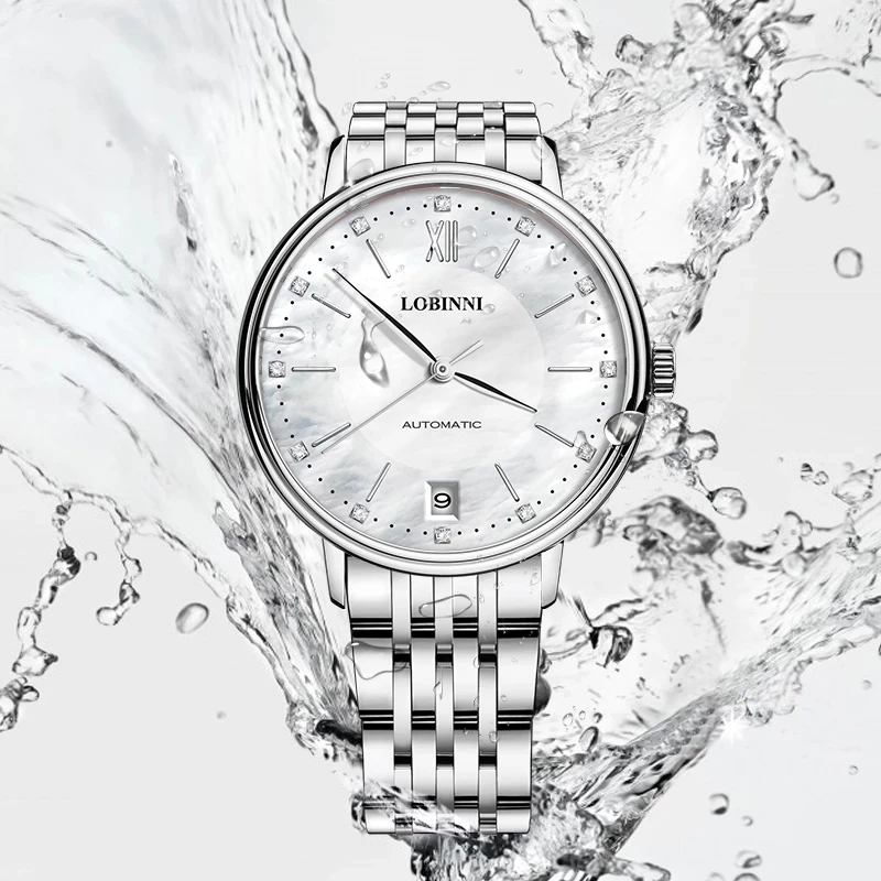 Reloj mecánico automático LOBINNI elegante a la moda para mujer, correa de acero inoxidable plateada, reloj resistente al agua con diamantes para mujer