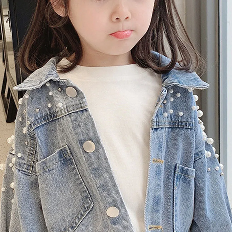 Spring And Autumn Girls Denim Jacket 2024 Korean Korean Fall New Loose Long Sleeve Sweet Pearl Lapel Top Button Cardigan Jacket