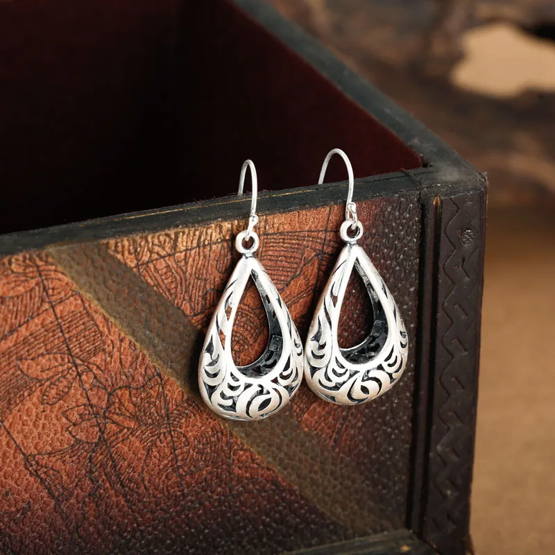 

SA SILVERAGE Fine Jewelry Hollow Flower Carved 2020 New Arrival Real 925 Sterling Silver Vintage Drop Dangle Earrings For Women