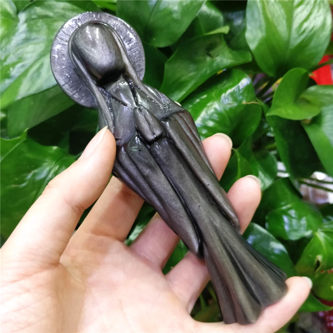 

Natural Silver Obsidian Crystal Ziyun Mica Carved Madonna Figure Decorative Sculpture Souvenirs Saintess Exotic Stone Statues