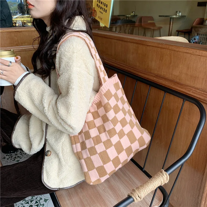 Knitted Checkerboard Bag For Women Canvas Tote Shoulder Bags Retro Weave Plaid Handbags Female Casual Travel Shopping School Bag