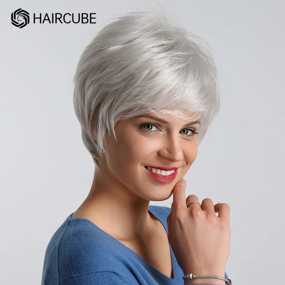 HAIRCUBE Silver Hair Short White Blonde Costumes Wigs for Women Heat Resistant Synthetic Fiber Mixed Human Hair Wig Daily Use