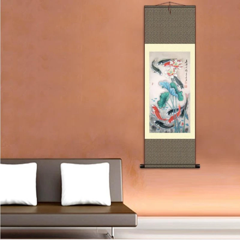 1pc  Traditional Home/Office Decoration China Silk Scroll Painting Fish Lotus Gongbi Painting S155