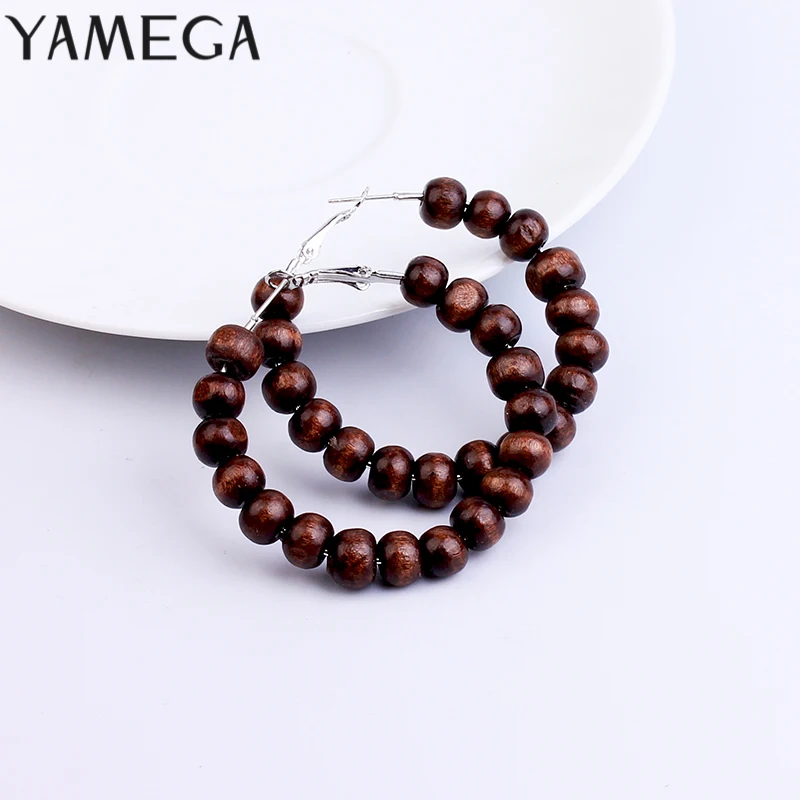 YAMEGA Handmade Wooden Hoop Earrings For Women Vintage Original 2 Color Big Round Circle Alloy Hook Statement Earrings Jewelry