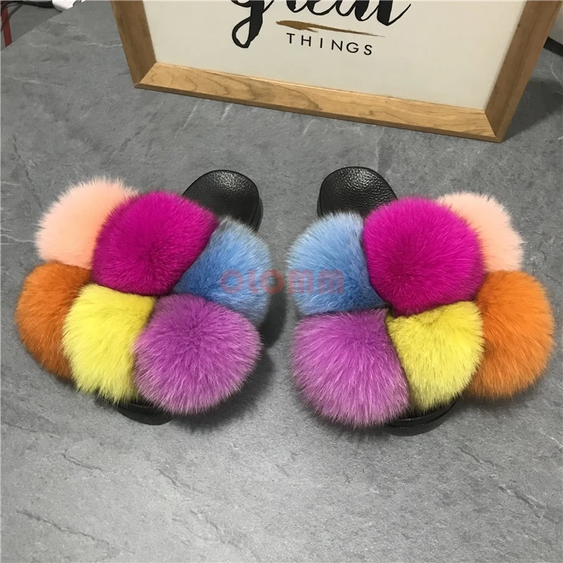 Fox Hair Slippers Women Fur Home Fluffy Sliders Plush Furry Summer Flats Sweet Ladies Shoes Large Size 45 Hot Sale Cute Pantufas