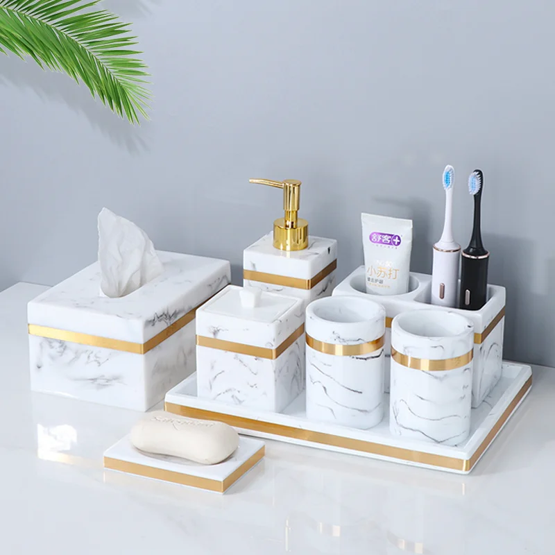 Resin Bathroom Set Liquid Soap Dispenser/Dish Toothbrush Holder Gargle Cup Tray Cotton Swab/Tissue Box Sell Separately Nordic