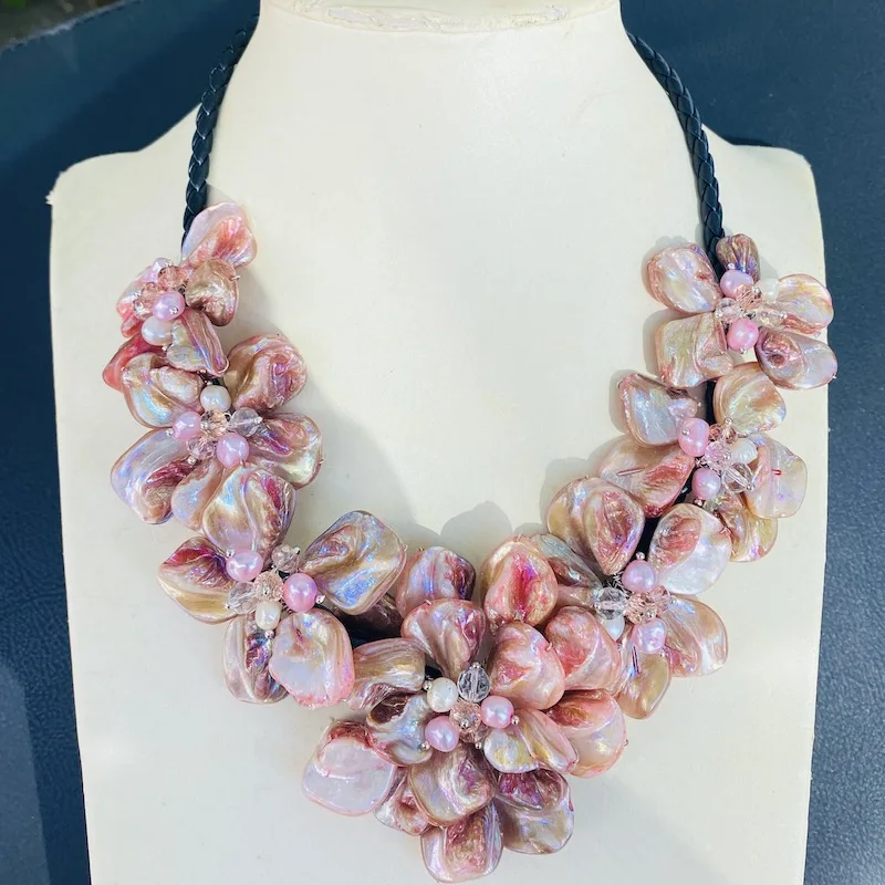 

WOW! pink shell baroque flowers 48cm necklace nature handmade wholesale FPPJ