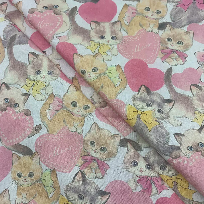 

Beautiful 100% Cotton Fabric Pink Cartoon Cats Pattern Fabric Digital Print Sewing Material DIY Home Patchwork Dress Clothing