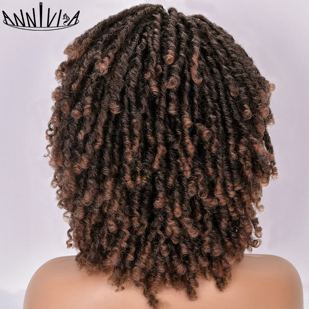 Curto encaracolado Dreadlock perucas com Franja para mulheres negras, cabelo sintético macio, Faux Locs, Ombre Crochet, torcer perucas de cabelo, annivia