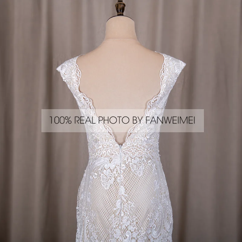 794#Deep V-Neck Sexy Backless Cap Sleeve Lace Sheath Boho Bohemian Wedding Bride Dress REAL PHOTO FACTORY PRICE CUSTOM MADE