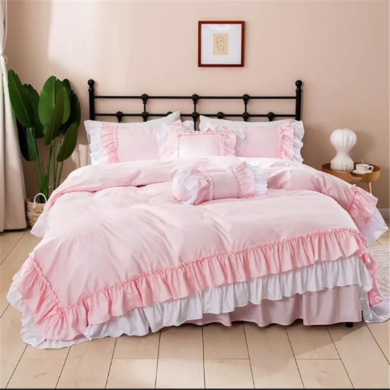 Korean princess two layers ruffles solid color pink skirt-style bedding set pure cotton ropa de cama couvre lit duvet cover set