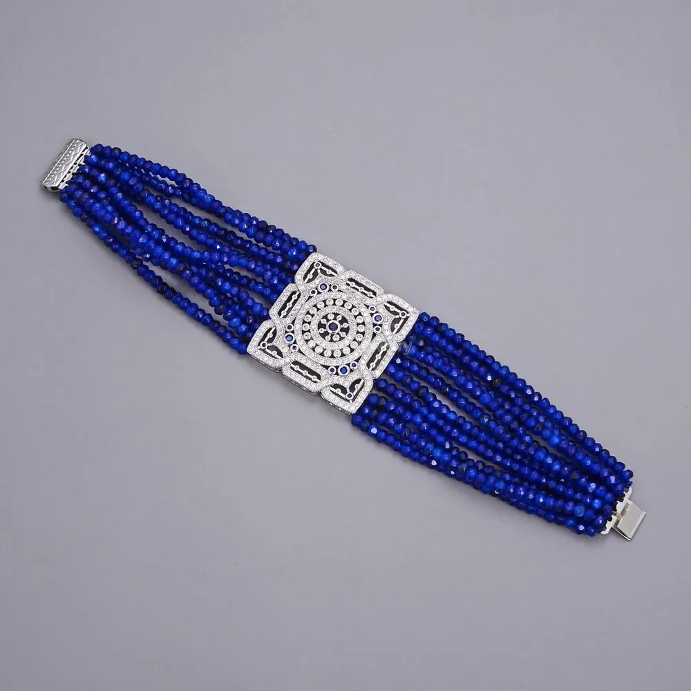 10 Rows 8'' Blue Faceted Rondelle Jade CZ Pave Connector Bracelet Lady Women Jewelry