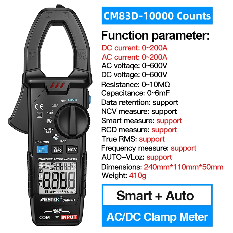 True RMS Digital Clamp Meter MESTEK CM83D DC AC Current Voltage Ampere NCV Ohm Tester Ammeter Multimeter Electrician Tool