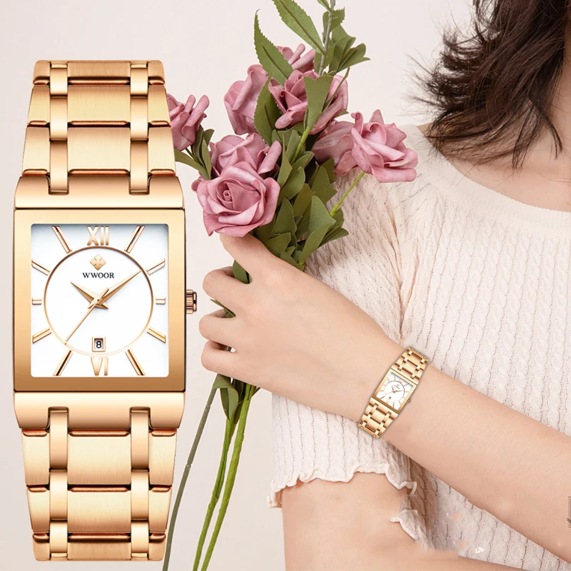 WWOOR Ladies Watch Women Luxury Brand Fashion Rose Gold White Wristwatch Square Casual Ladies Steel Women Watch Relogio Feminino