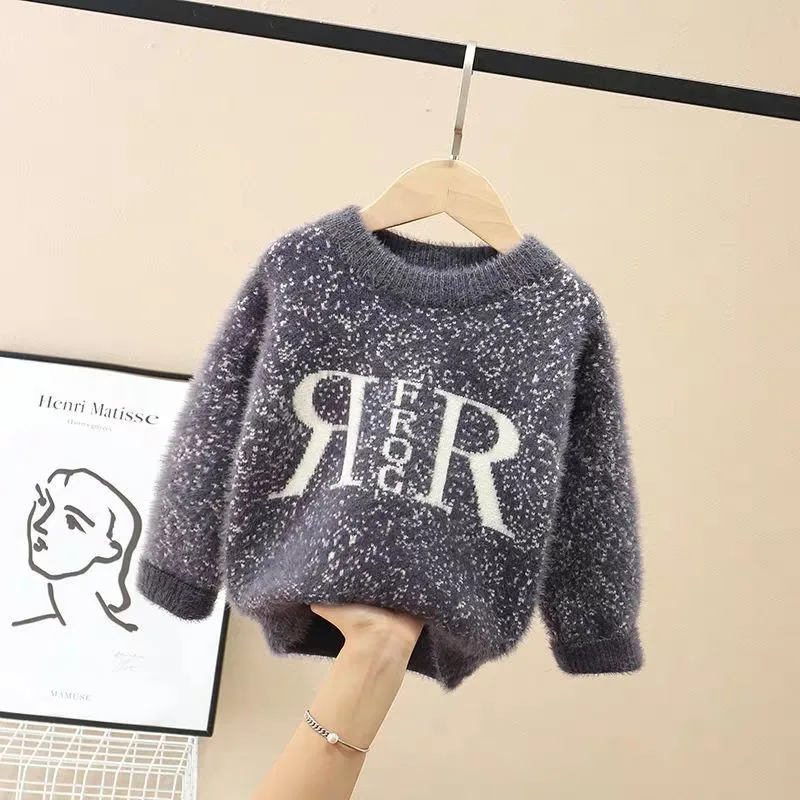 

2021 New Spring Winter Girl Sweater Children's Knitted Kids Turtleneck Warm Long Sleeve Thicken Letter High Quality Mink Down