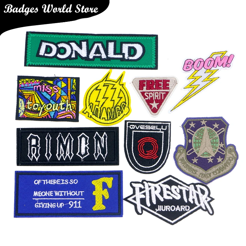 Rectangle Lightning Boom Shield Polychrome Word Icon Embroidery Applique Patches For Clothing DIY Iron on Badges on the Backpack