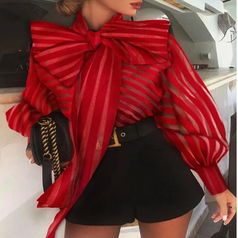 Europe Spring Womens Red Striped Organza Blouses Sexy Perspective Lace-up Bow Mesh Blusas Tops Lantern Sleeve Black Femme Shirt