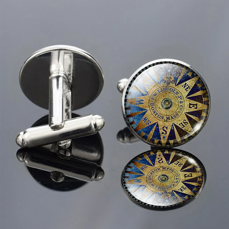 Vintage Compass Picture Print Cufflinks Men Fashion Wedding Cufflinks Suit Cuff Link Accessories Gift for Him (not real compass)