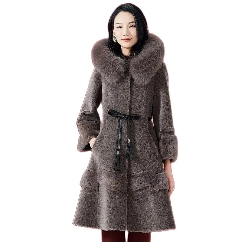 

Winter Women New Haining Sheep Shearing Coat Female Korean Slim Mid-length Imitated Fox Fur Hooded Imitation Mink Fur Coat A874