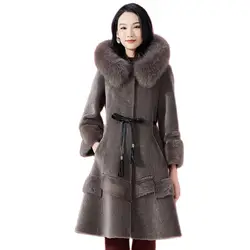 Inverno donna nuovo Haining cappotto di tosatura delle pecore femminile coreano sottile di media lunghezza imitato pelliccia di volpe con cappuccio imitazione pelliccia di visone A874