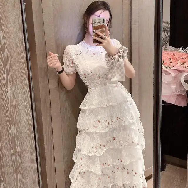 SMTHMA New Fashion Lace Hollow Out Summer Dress For Woman Embroidery Layered Cake Elegant Vintage Long Dresses Female Clothing